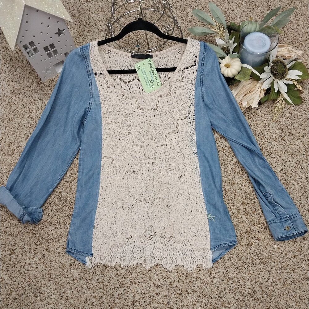 3543 Size M/Large Upcycled Lace and Denim Long Sleeve Top.